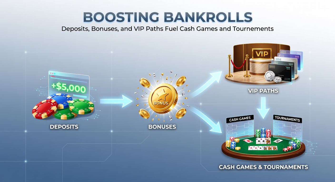 Poker players at a cash game table reviewing bankroll strategies on their devices, highlighting deposit interfaces and bonus notifications