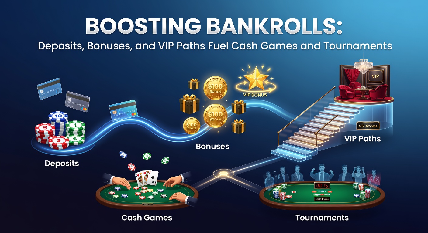 VIP poker lounge scene with exclusive tournament setups and bonus tracking dashboards on screens