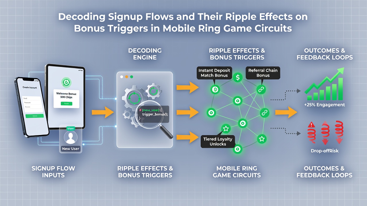 Flowchart diagram illustrating how signup verification steps cascade into bonus credit releases within mobile ring game applications