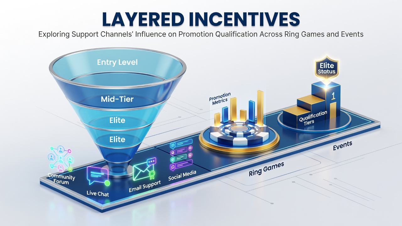 Support channels assisting players with layered promotion qualification in poker ring games and events