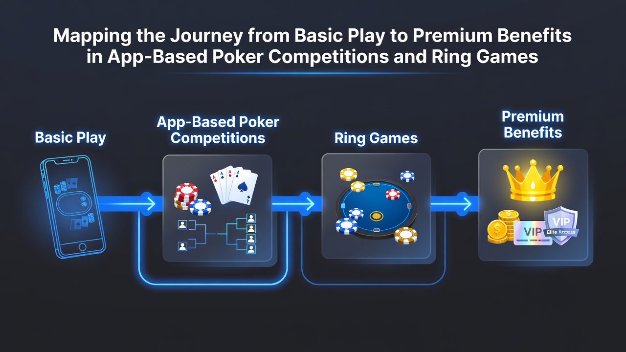 Screenshot sequence depicting loyalty tier progression in a poker app with VIP icons and reward notifications