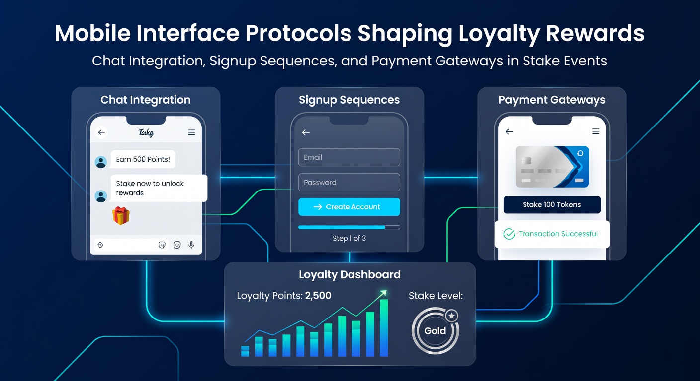 Mobile app interface displaying chat integration and loyalty reward notifications during stake events