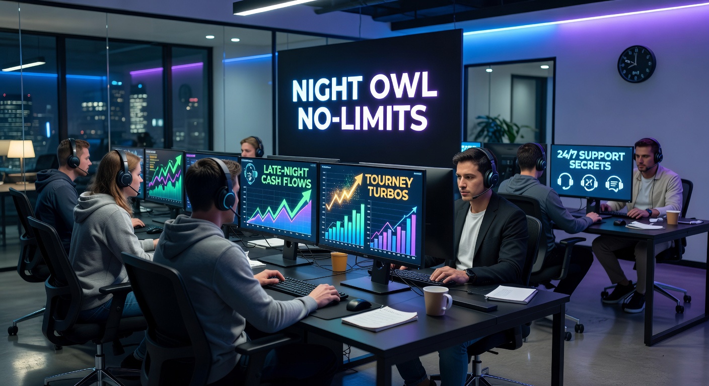 Round-the-clock support team assisting players during a midnight turbo tournament on Night Owl No-Limits