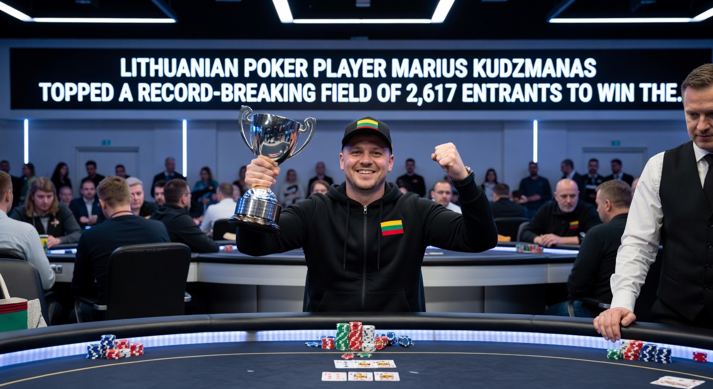 Akihiro Konishi contemplates a crucial hand during heads-up play against Kudzmanas at the 2026 WSOP Europe final table, chips flying high under the bright casino lights