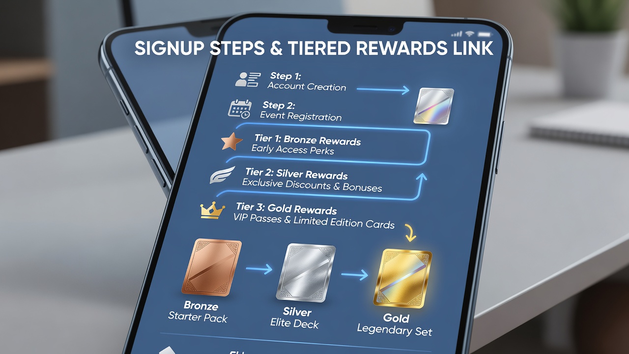 Mobile app dashboard displaying tiered rewards progression after signup in portable card events