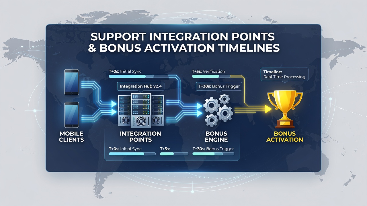 Support dashboard in a mobile poker app illustrating integration points for bonus timing
