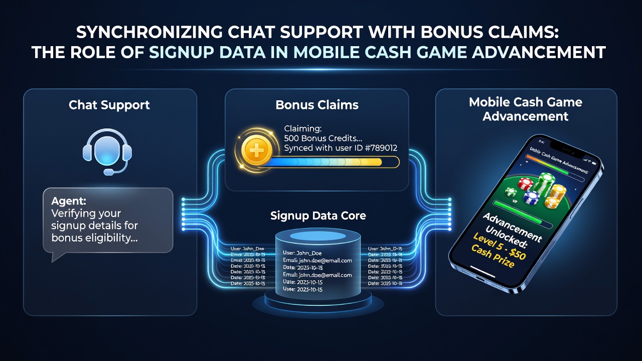 Mobile cash game interface showing synchronized chat support and bonus claim process with signup data integration