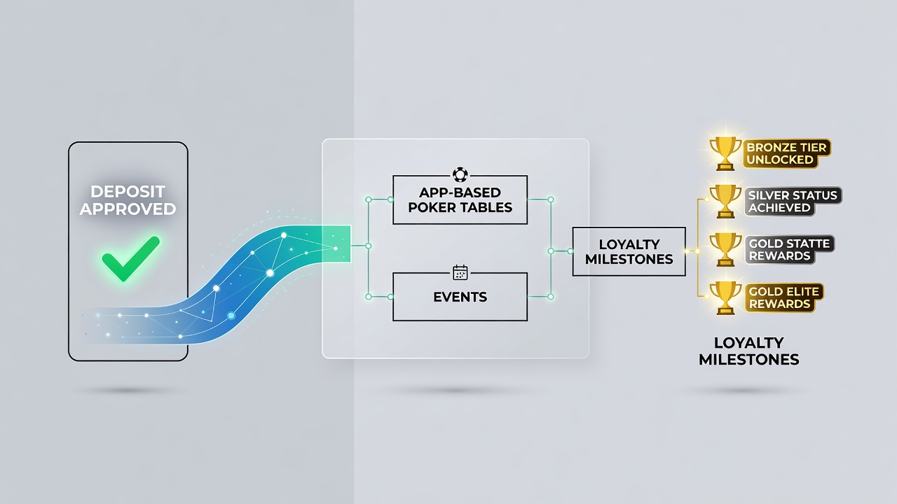 Poker tournament lobby with loyalty milestone indicators and mobile deposit confirmation screen